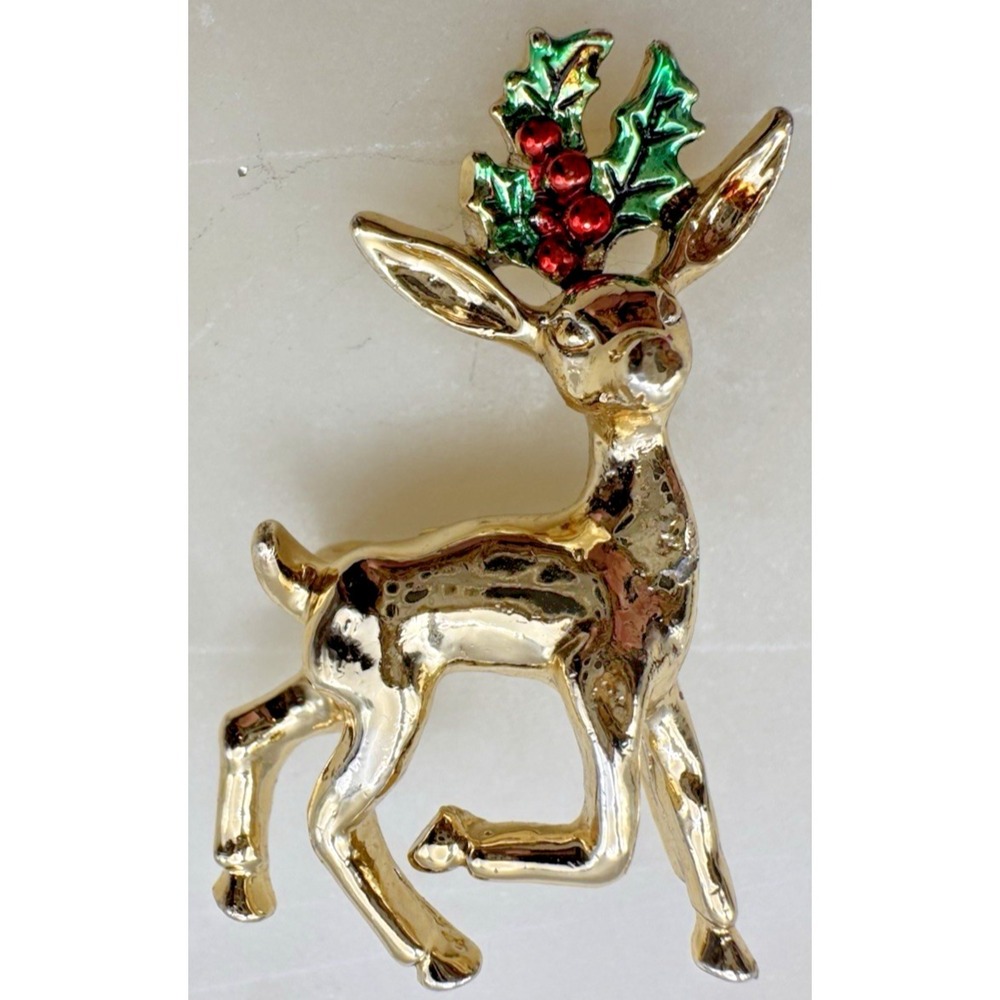 Reindeer Brooch Christmas Holly Berries Holiday Deer Pin Gold Tone